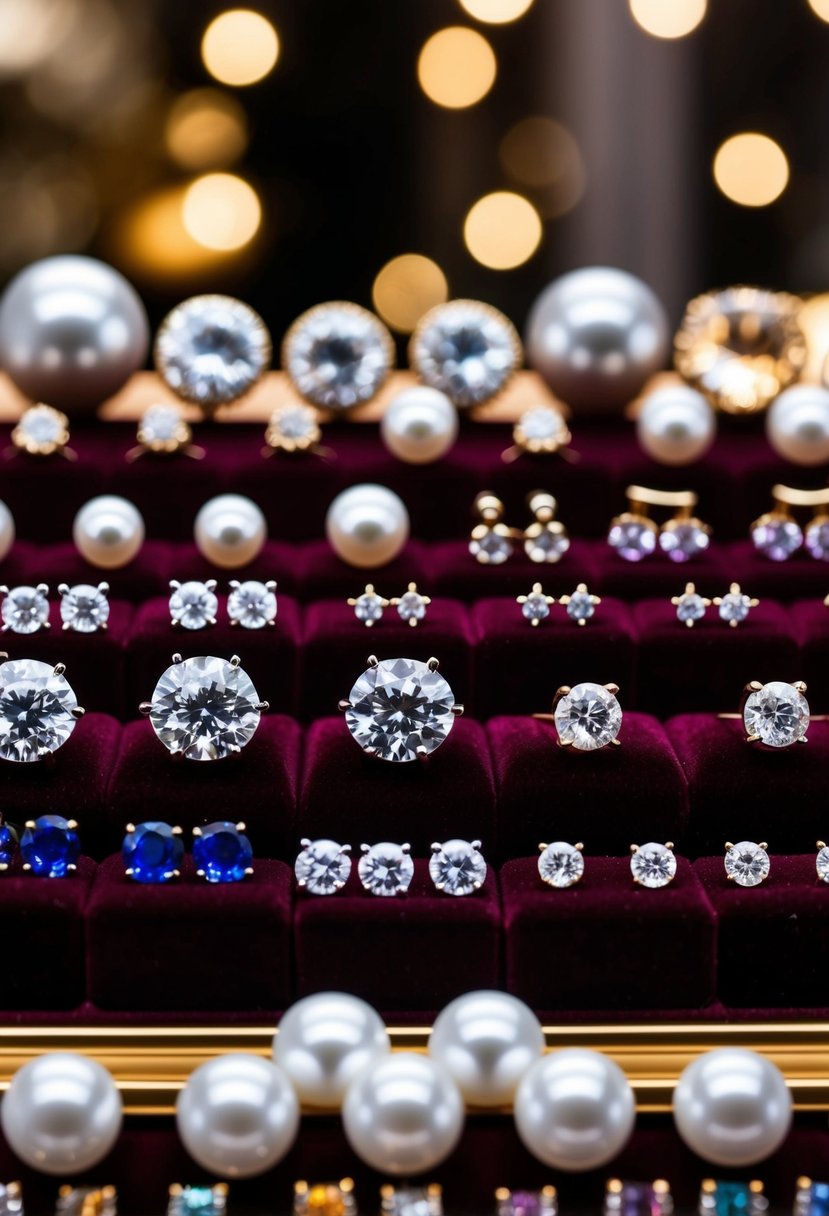 A table with various stud earring designs, including diamonds, pearls, and gemstones, arranged on a velvet display