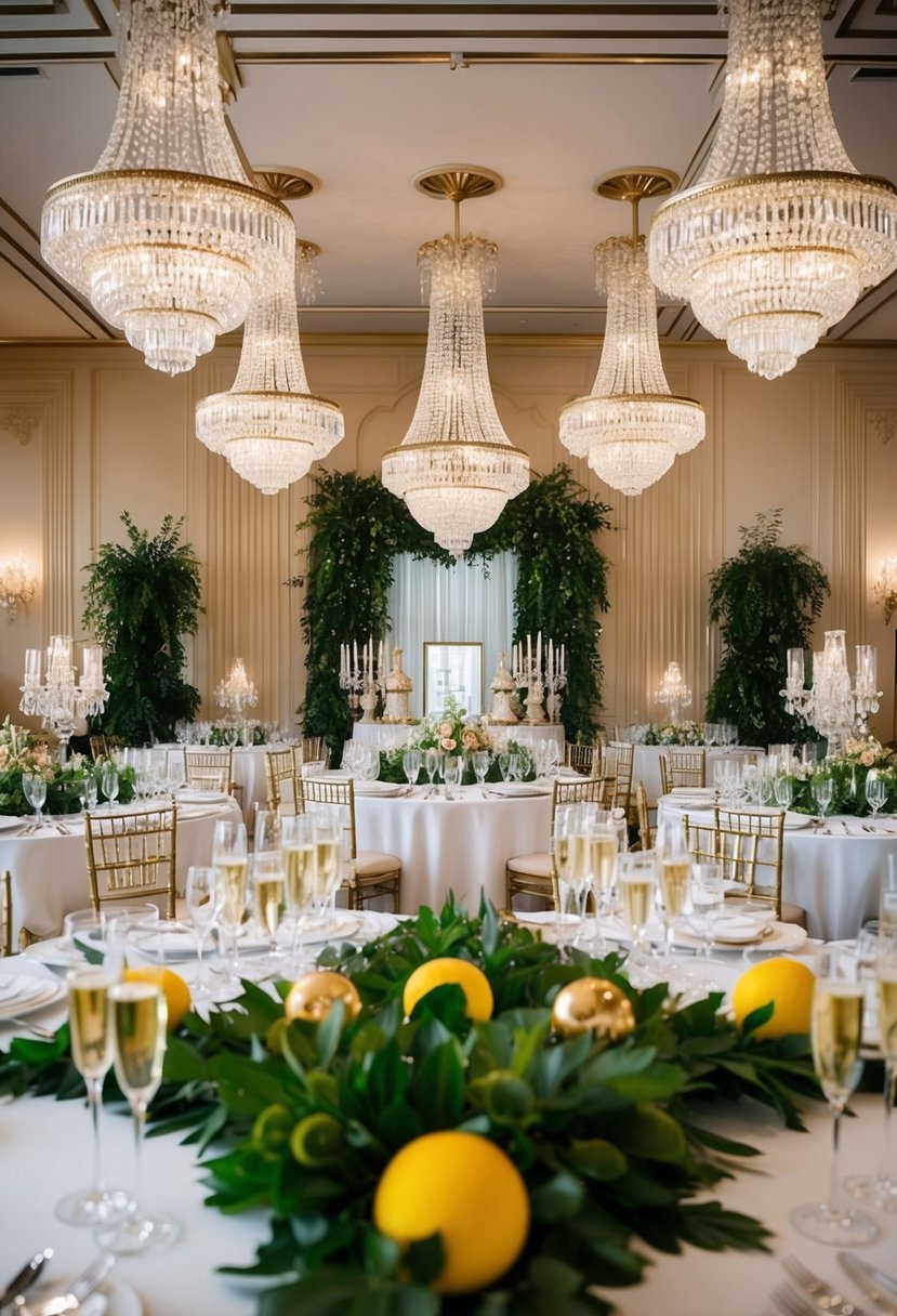 A lavish art deco ballroom with crystal chandeliers, opulent greenery, and elegant champagne glasses