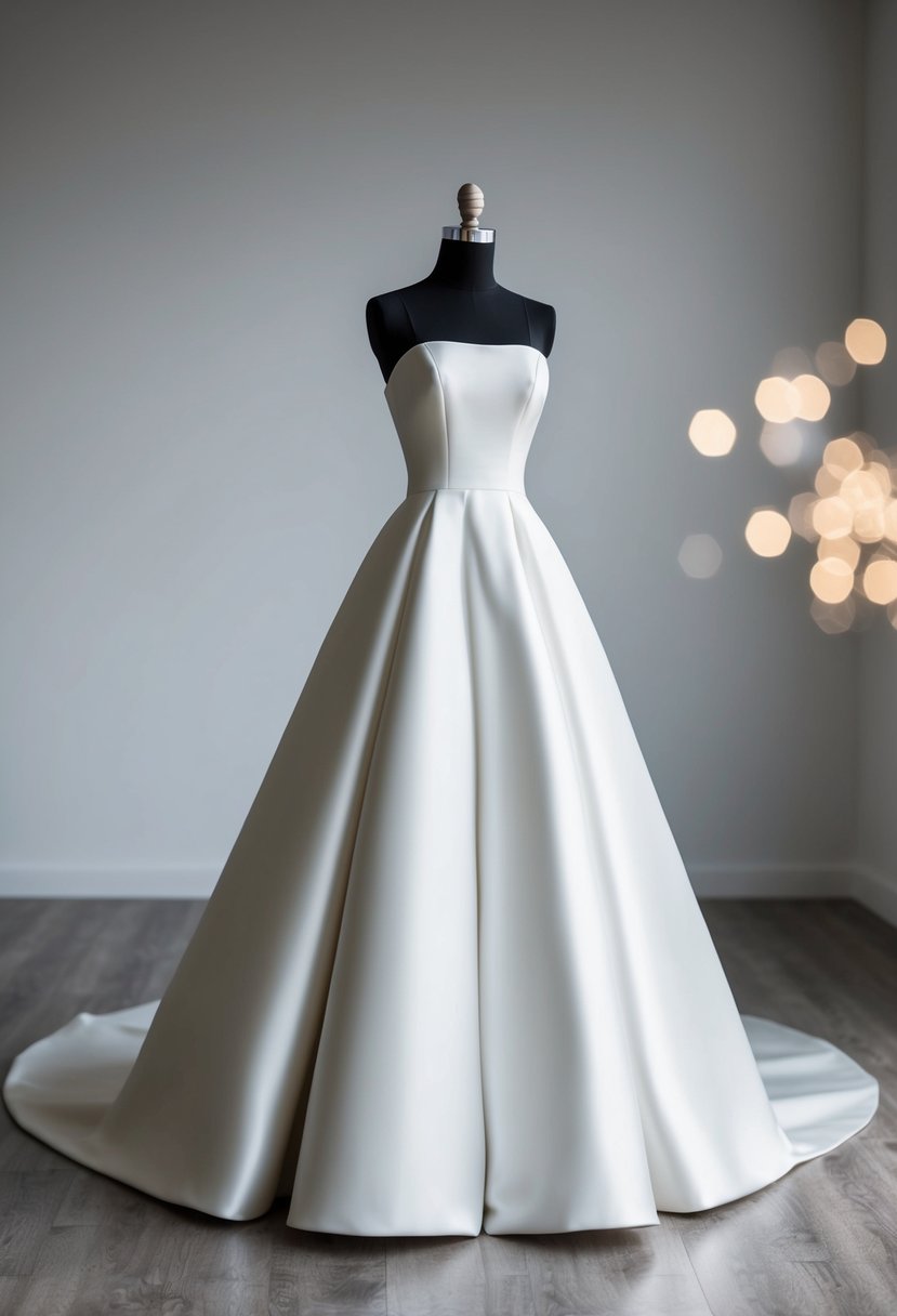 A sleek, structured ball gown in a minimalist style, featuring clean lines and a modern silhouette