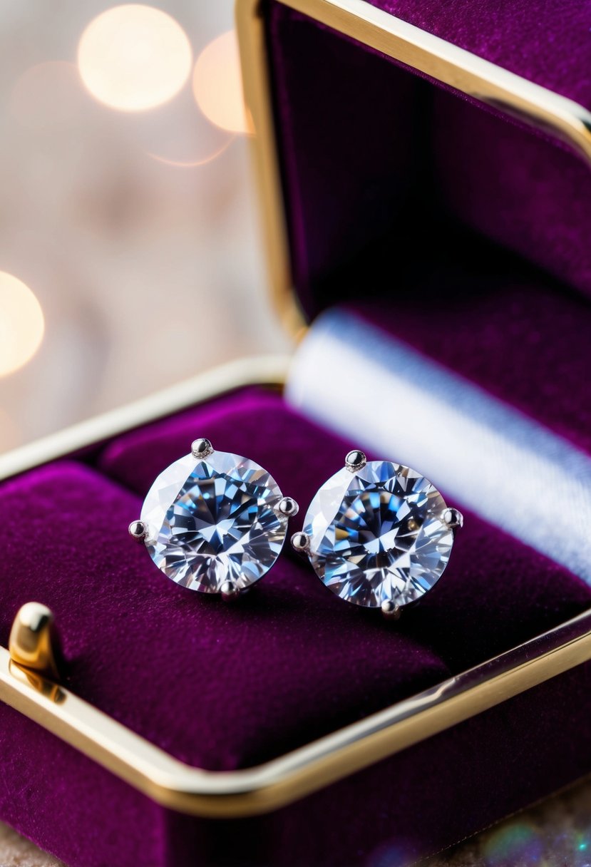 Two sparkling diamond studs nestled in a velvet jewelry box, catching the light from above