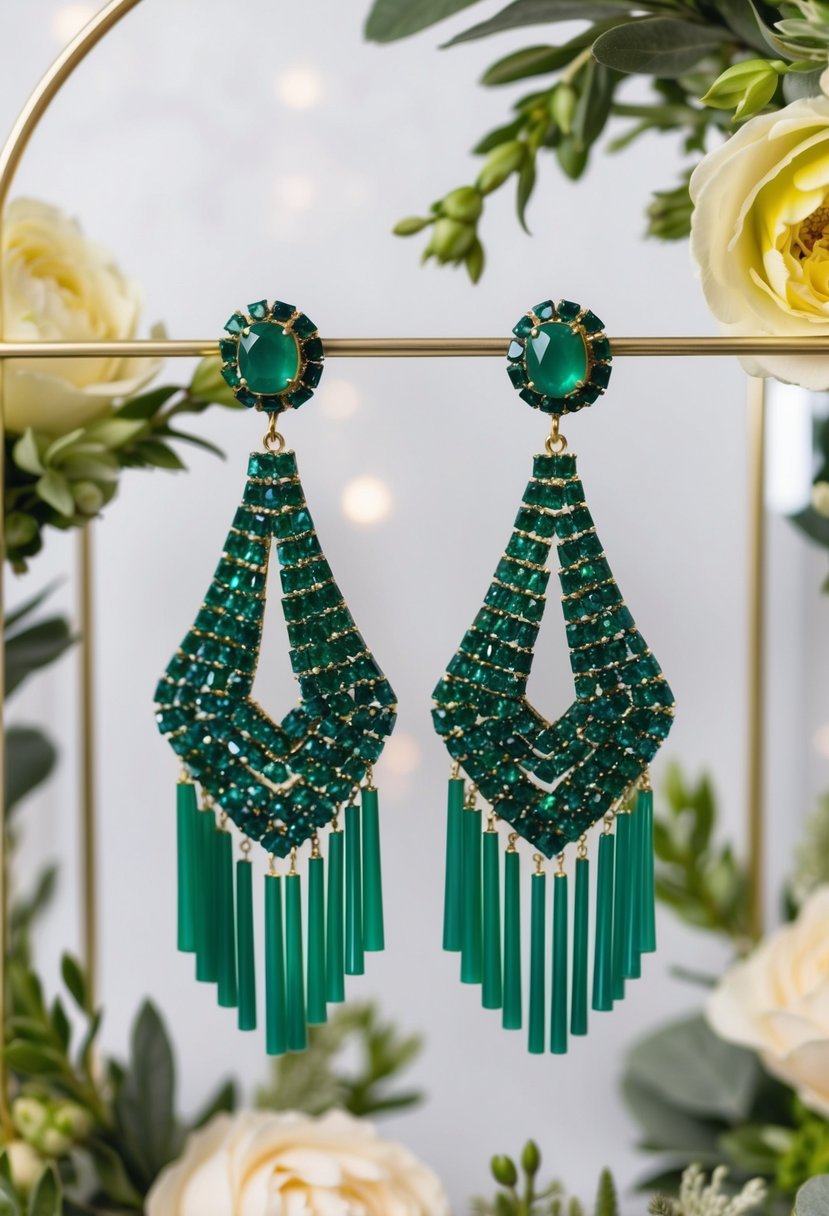 A pair of chandelier-style green earrings hanging from a delicate display, surrounded by floral and greenery accents