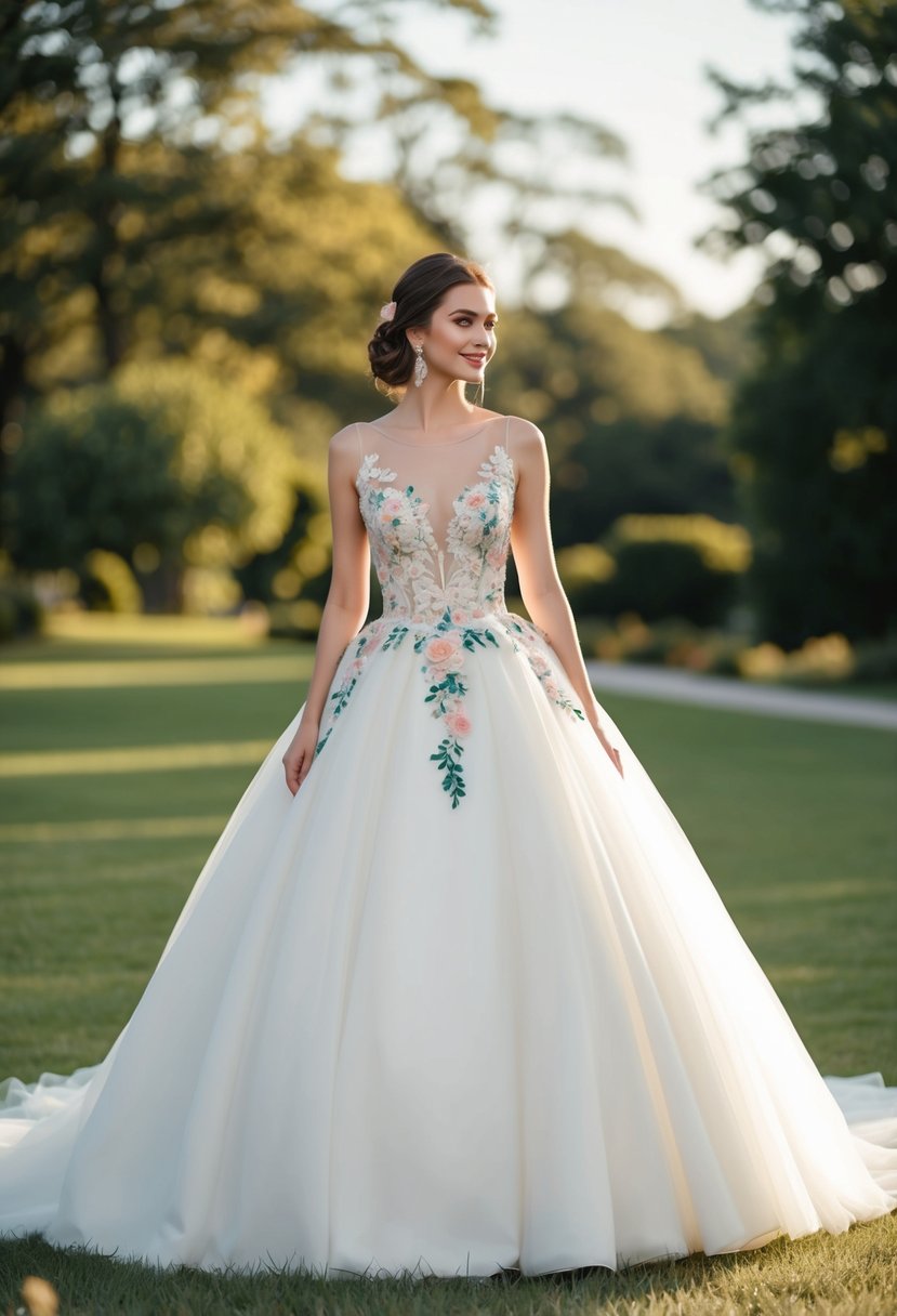 A ball gown wedding dress with a floral embroidered bodice, flowing skirt, and delicate details