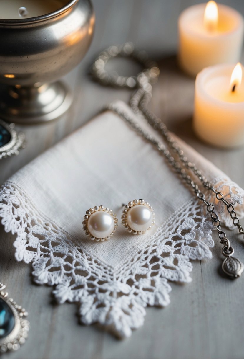 A delicate pair of pearl studs resting on a vintage lace handkerchief, surrounded by soft candlelight and antique silver jewelry