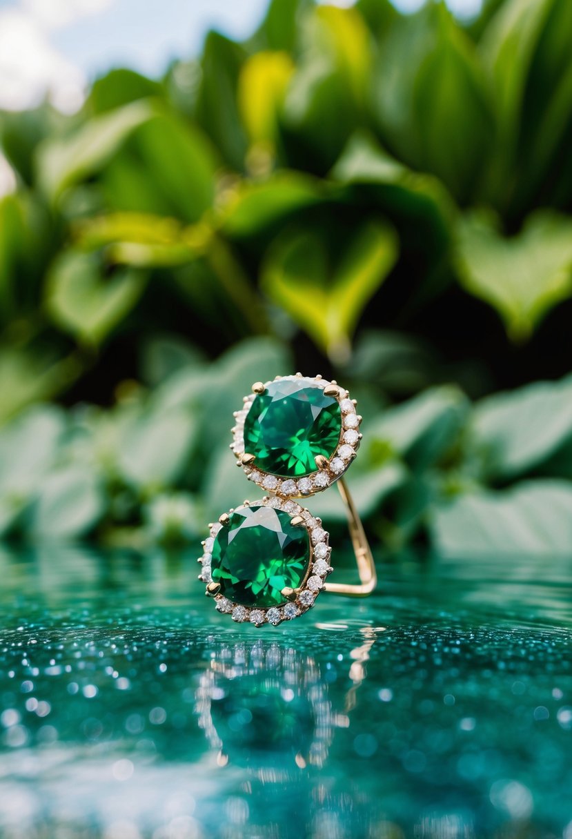 A pair of emerald green wedding earrings set against a backdrop of lush foliage and sparkling water