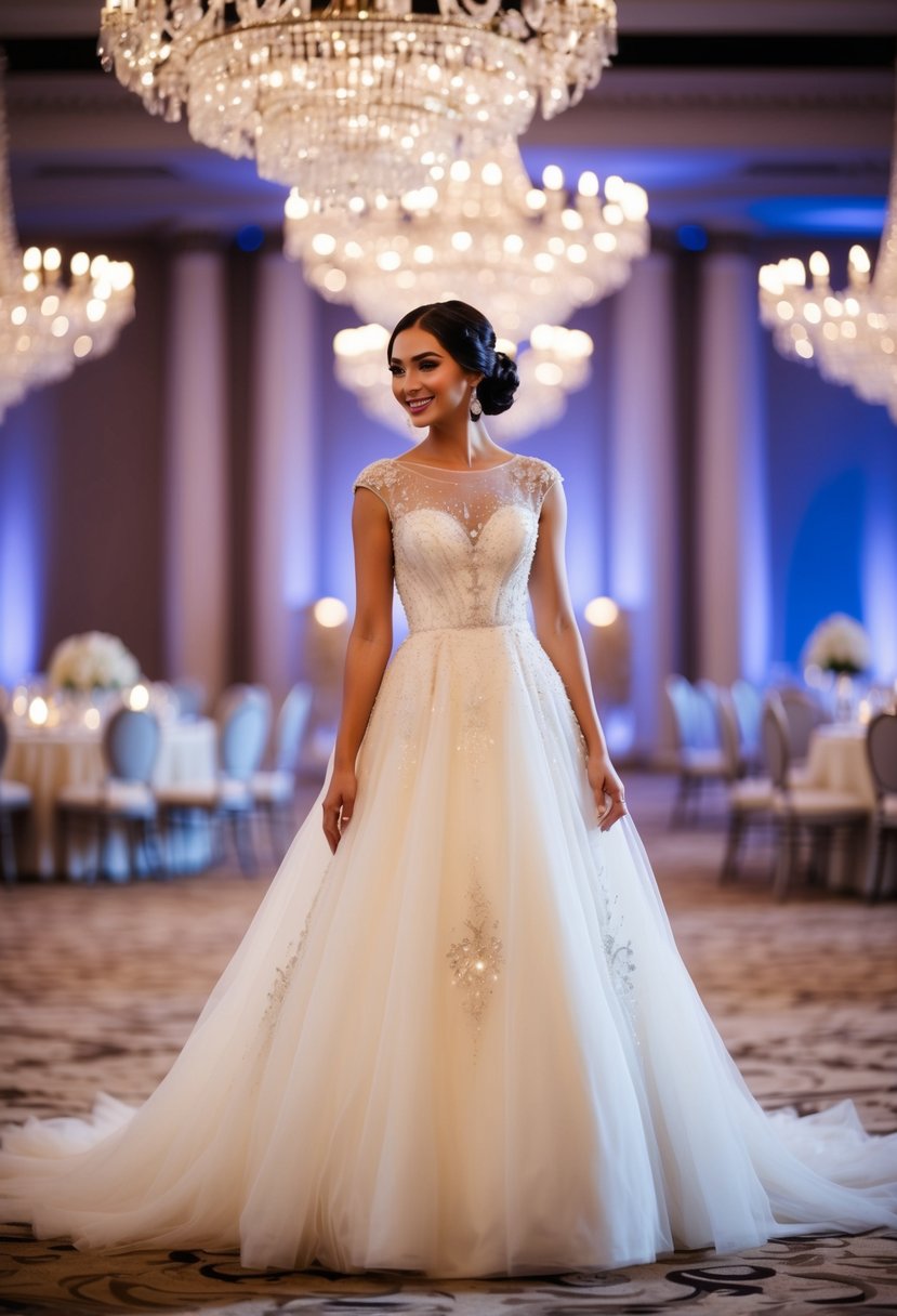 A grand ballroom adorned with crystal chandeliers, showcasing a flowing cap sleeve dream dress in ivory with delicate lace and intricate beadwork