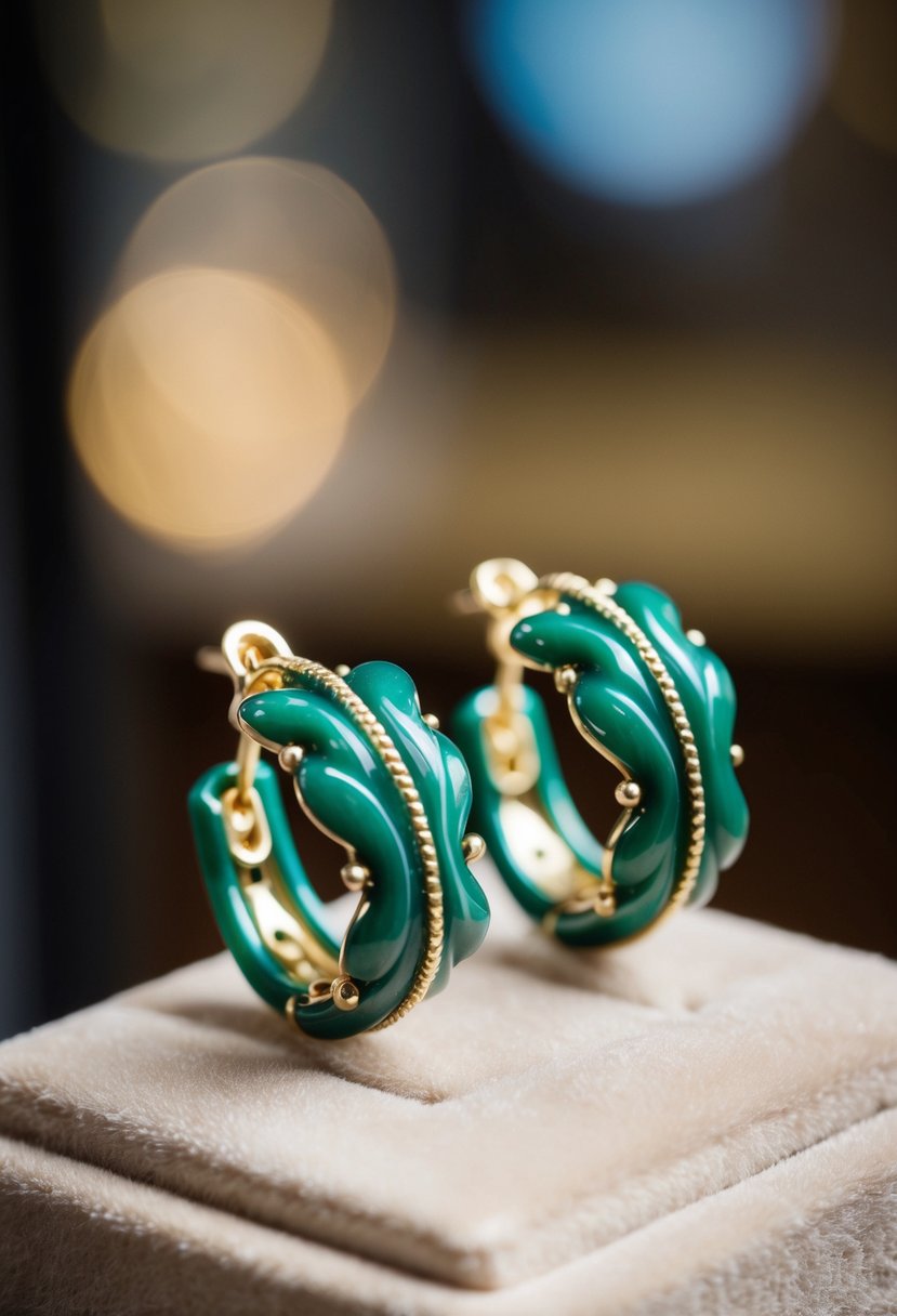 A delicate pair of green earrings, intricately crafted with unique designs, resting on a velvet display