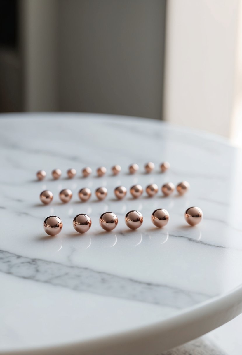 A sleek, minimalist display of rose gold stud earrings arranged in a geometric pattern on a marble surface