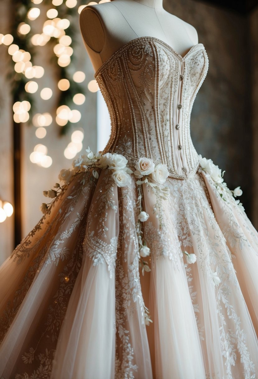 An ornate, beaded corset ball gown with cascading layers of tulle and lace, adorned with delicate floral accents