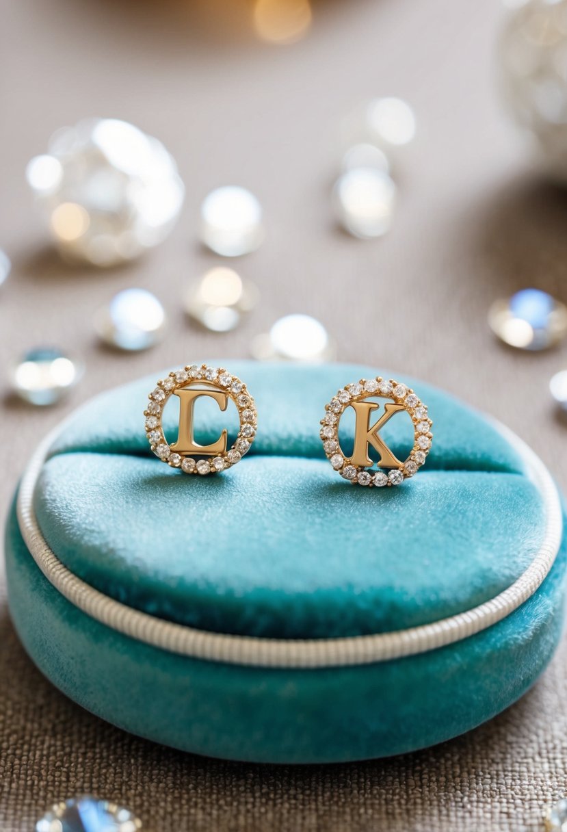 Two elegant initial studs with delicate detailing, surrounded by sparkling gemstones, displayed on a velvet cushion