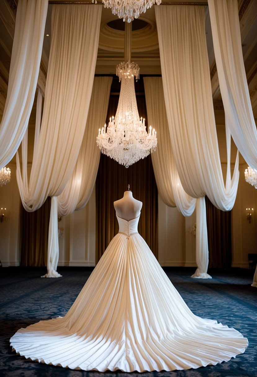 A grand ballroom with cascading silk drapes and chandeliers, showcasing a pleated silk ball gown wedding dress