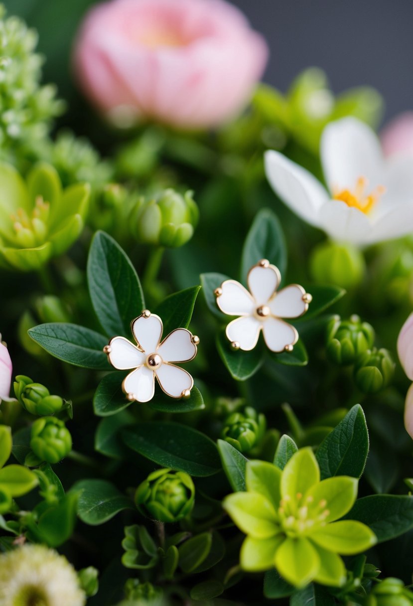 A close-up of delicate floral-inspired stud earrings surrounded by lush greenery and blooming flowers, evoking a sense of natural beauty and romance