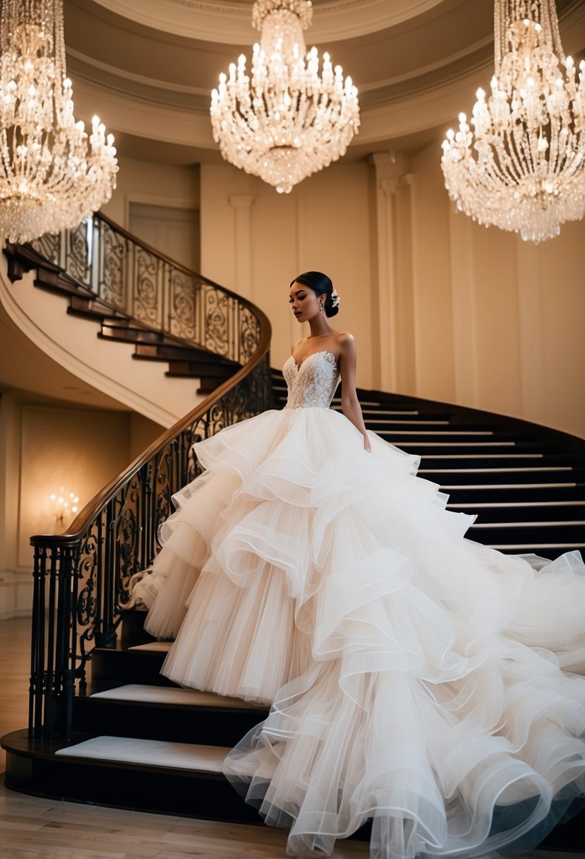 A grand ballroom with a cascading staircase, adorned with opulent chandeliers, where a voluminous tulle layered wedding gown takes center stage