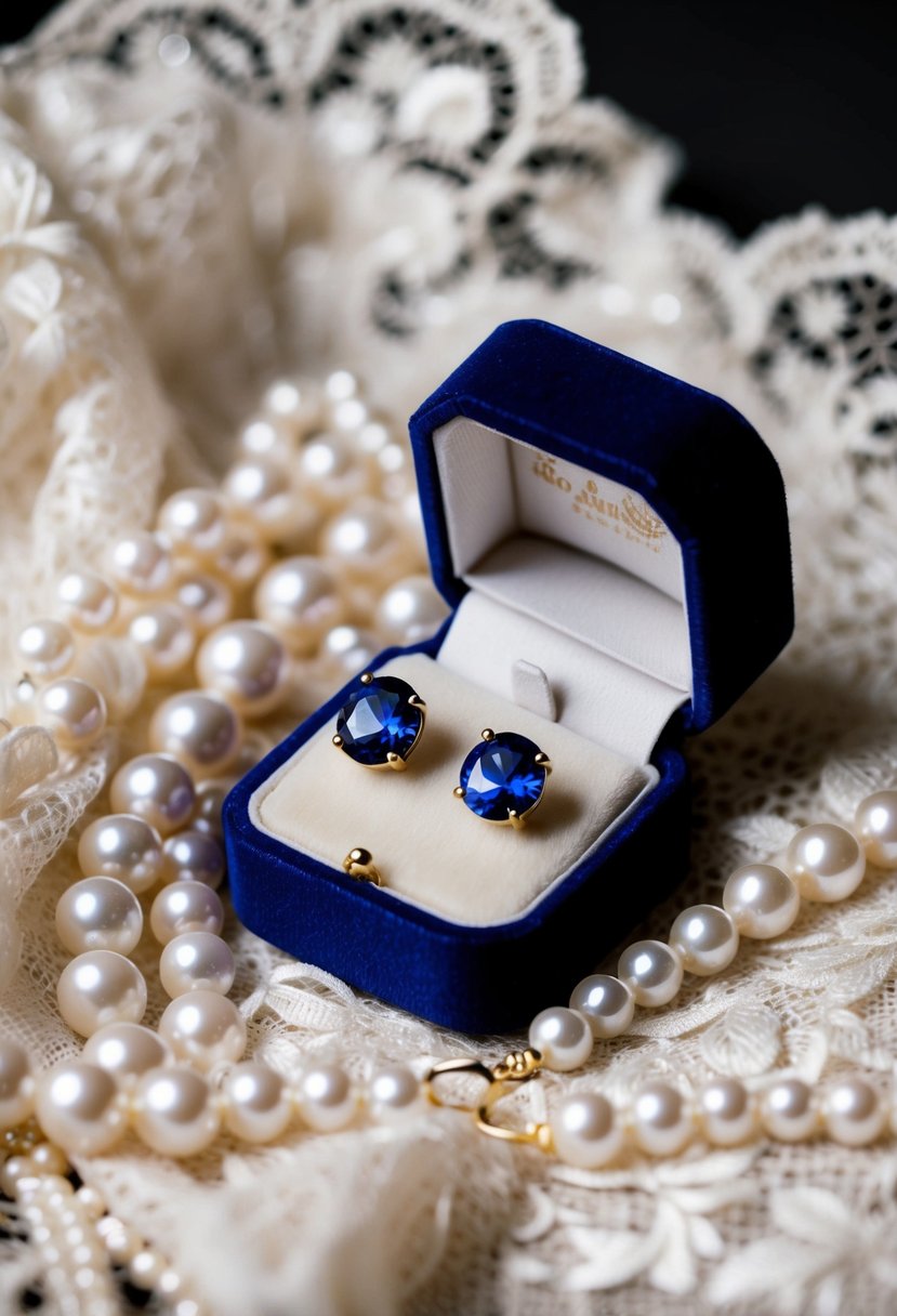 A sparkling pair of sapphire studs nestled in a velvet jewelry box, surrounded by delicate lace and shimmering pearls