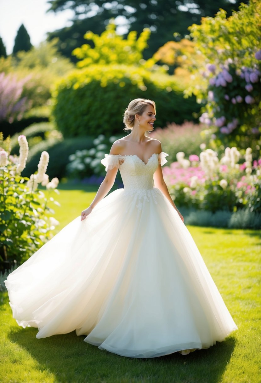 A bride twirls in a lush garden, her off-shoulder ball gown billowing in the breeze, surrounded by blooming flowers and a soft, dreamy atmosphere