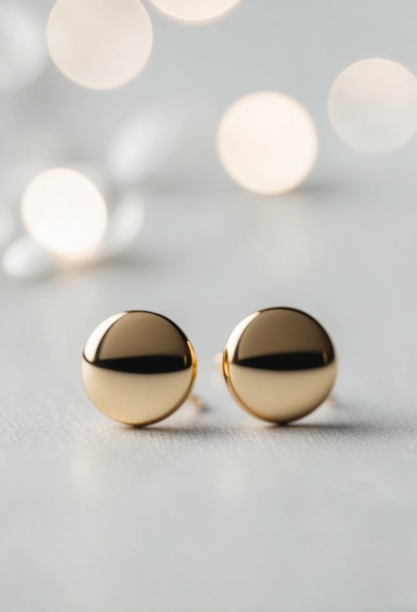 A close-up of two minimalist gold stud earrings against a simple, elegant background