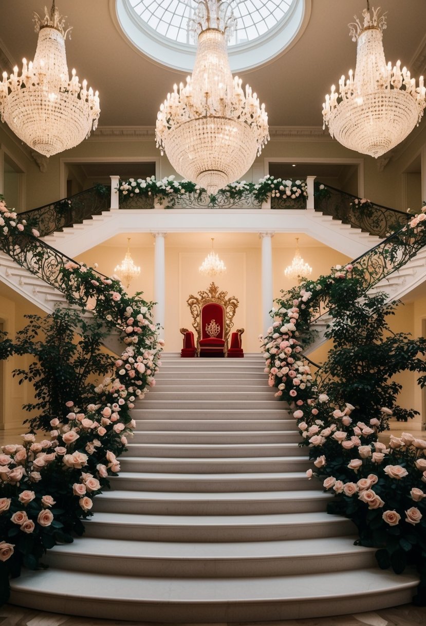 A grand ballroom with a cascading staircase, adorned with opulent chandeliers and a regal throne, surrounded by lush gardens and blooming roses