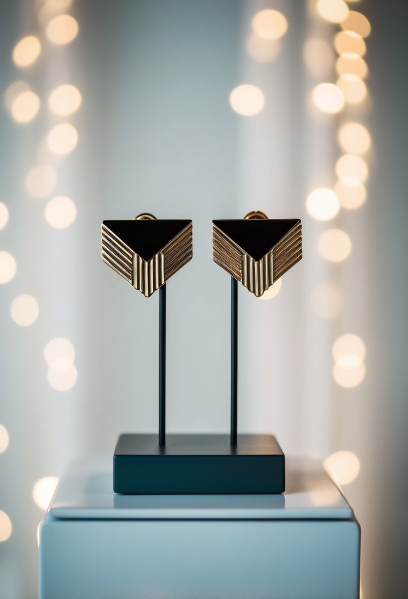 A pair of bold, geometric Art Deco stud earrings displayed on a sleek, minimalist pedestal