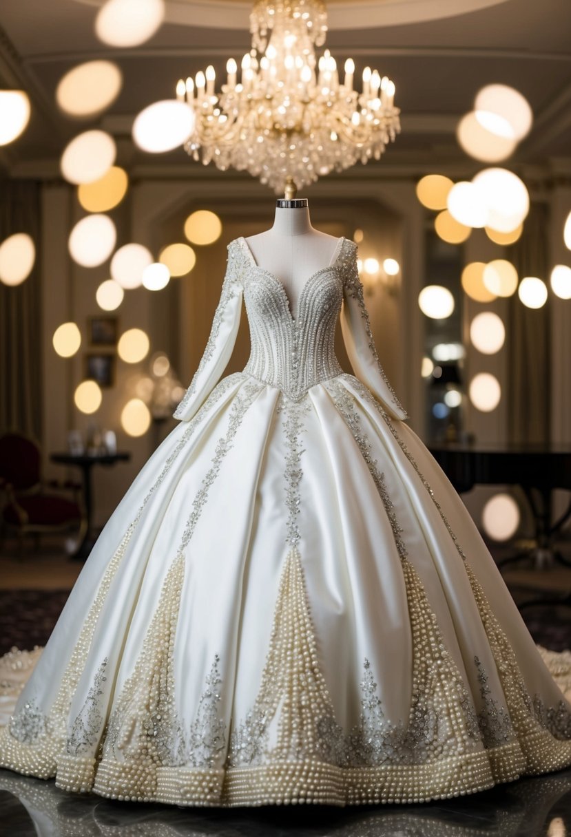 An opulent ball gown with intricate pearl detailing cascading down the bodice and skirt, creating a sense of timeless elegance