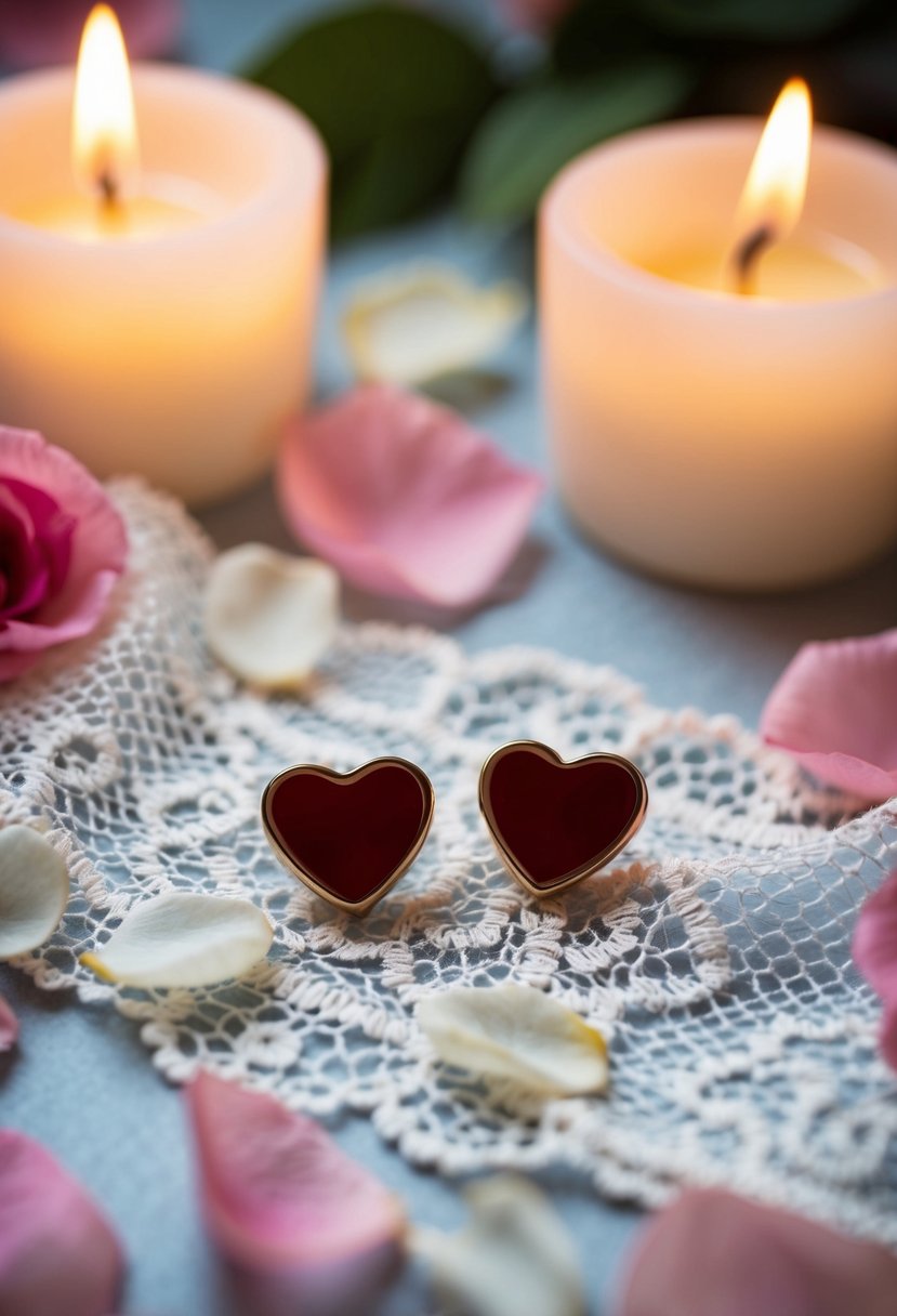 A pair of heart-shaped studs resting on a delicate lace fabric, surrounded by scattered rose petals and soft candlelight