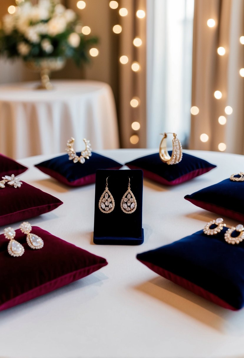 A table with various elegant wedding earring designs displayed on velvet cushions under soft lighting