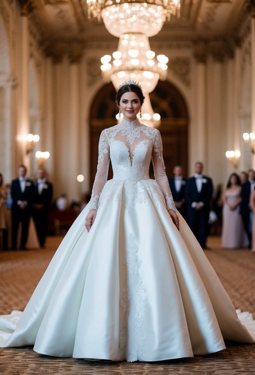 A bride stands in a grand ballroom wearing a regal high neckline wedding gown, adorned with intricate lace and a voluminous skirt