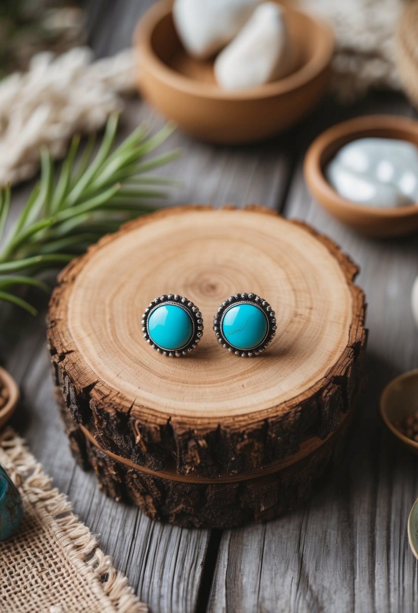 A rustic wooden table adorned with turquoise stud earrings, surrounded by bohemian decor and natural elements for a laid-back vibe