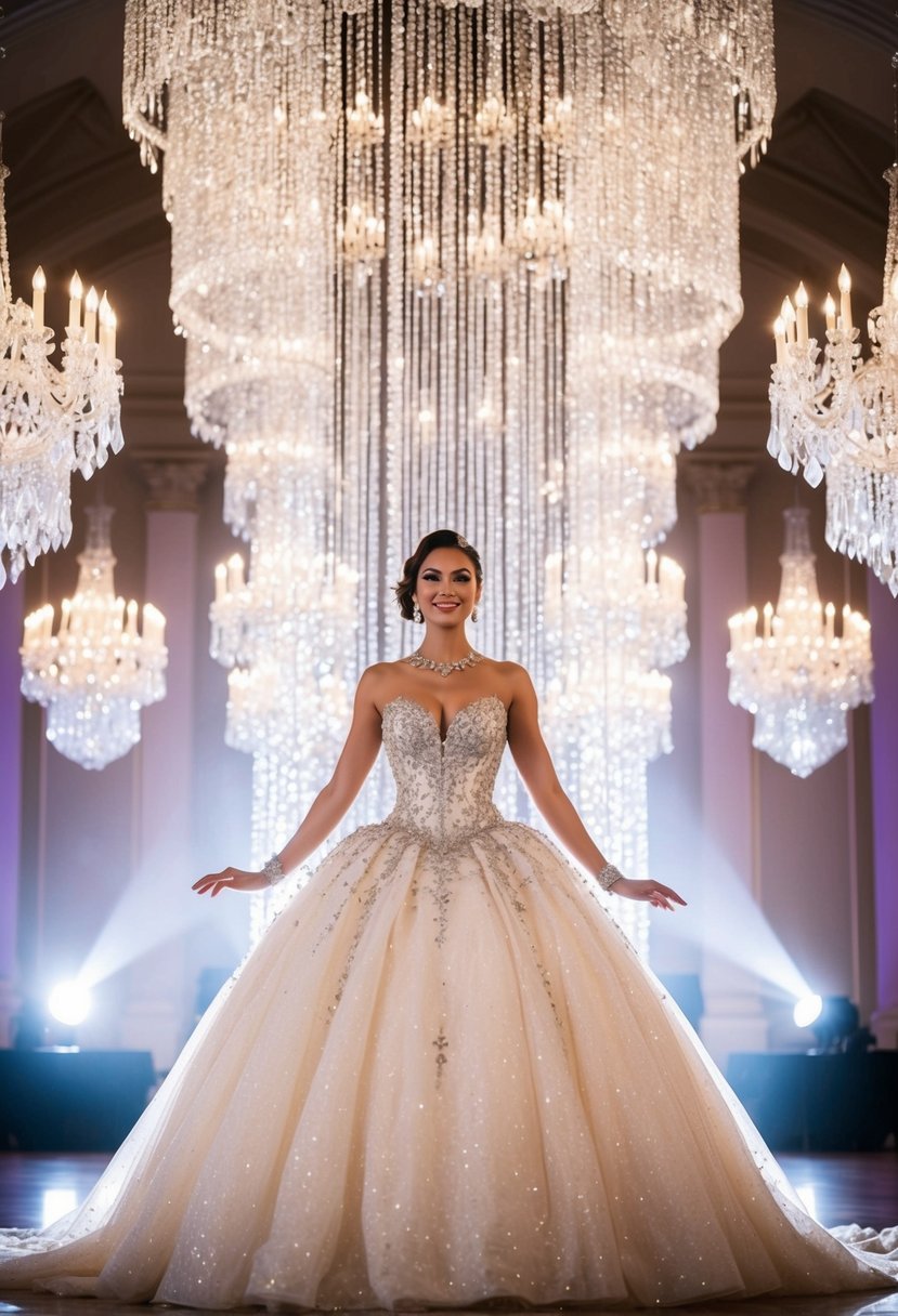 A grand ballroom with cascading crystal chandeliers illuminating a shimmering ball gown adorned with sparkling jewel accents