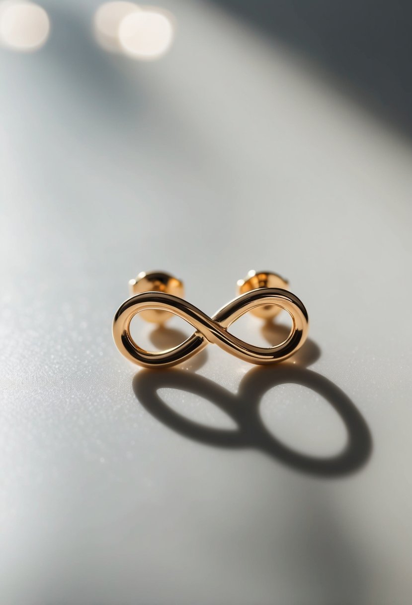 Two delicate infinity knot studs resting on a smooth surface, casting a soft shadow symbolizing eternal love