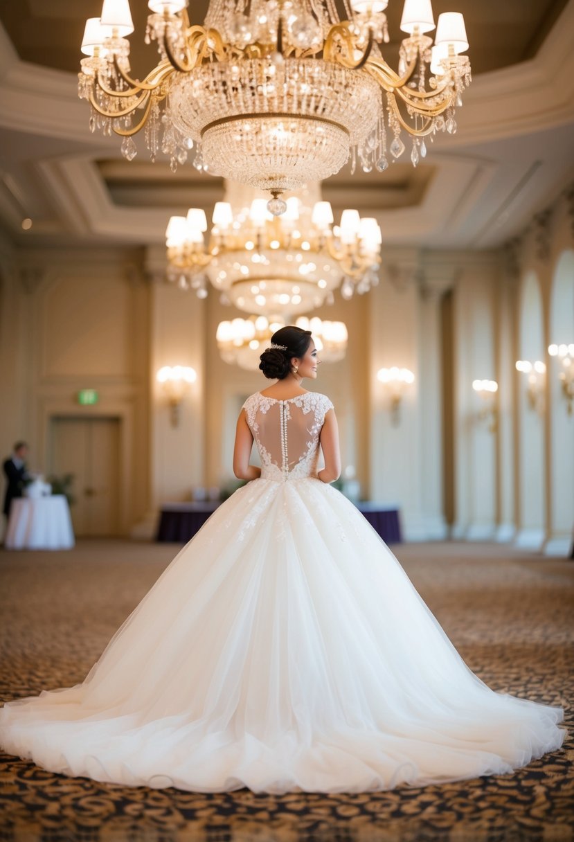 A bride stands in a grand ballroom, her illusion lace back ball gown cascading down as she gazes at the opulent chandeliers above