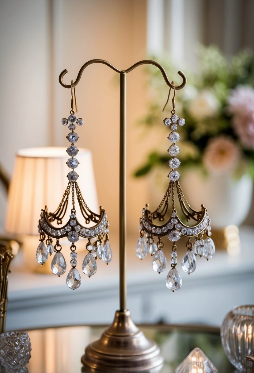 A pair of vintage chandelier earrings hanging from a delicate stand, surrounded by soft lighting and elegant decor