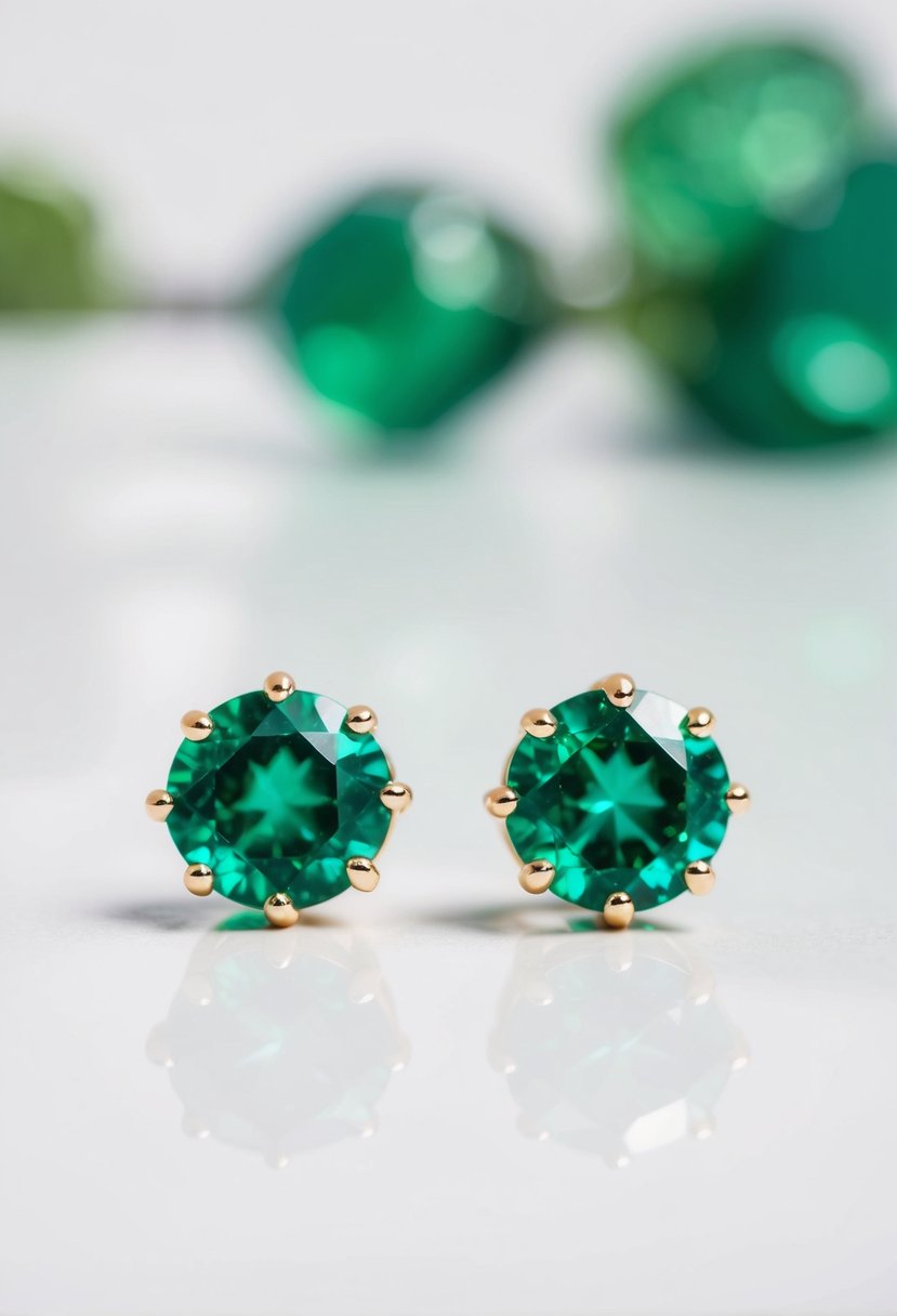 A close-up of emerald stud earrings against a white background, with soft lighting to highlight the vibrant green color