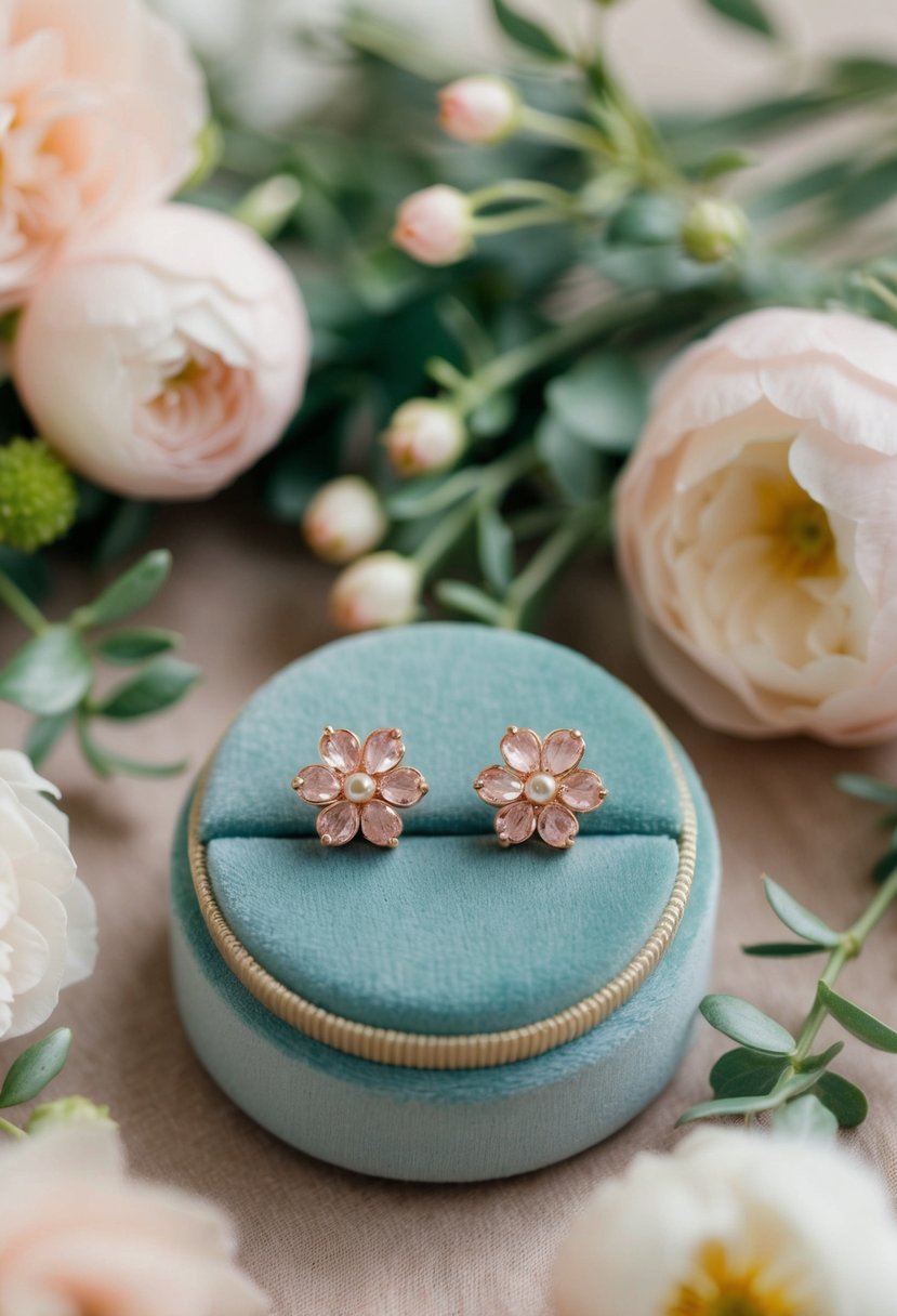 A pair of delicate rose gold floral studs displayed on a velvet cushion, surrounded by soft pastel flowers and greenery