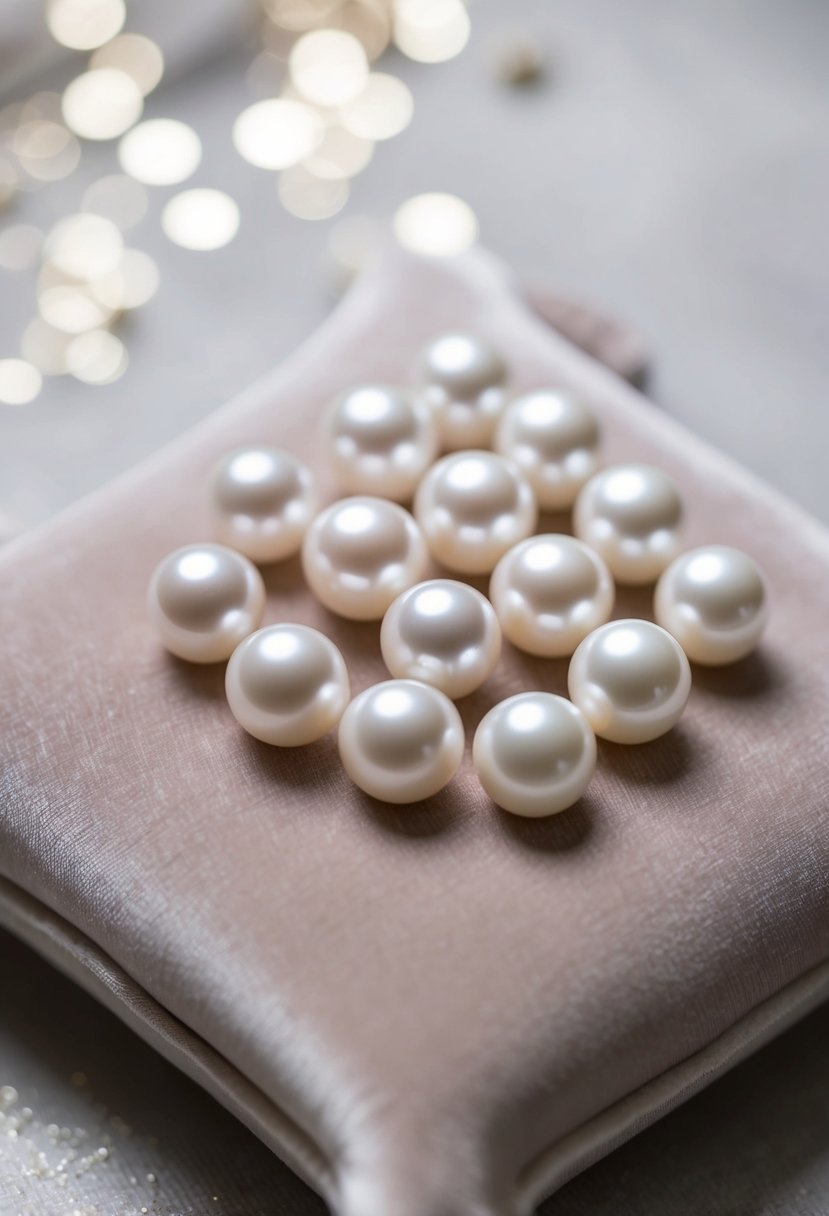 A delicate cluster of pearl studs arranged on a velvet cushion, catching the light with an air of effortless grace