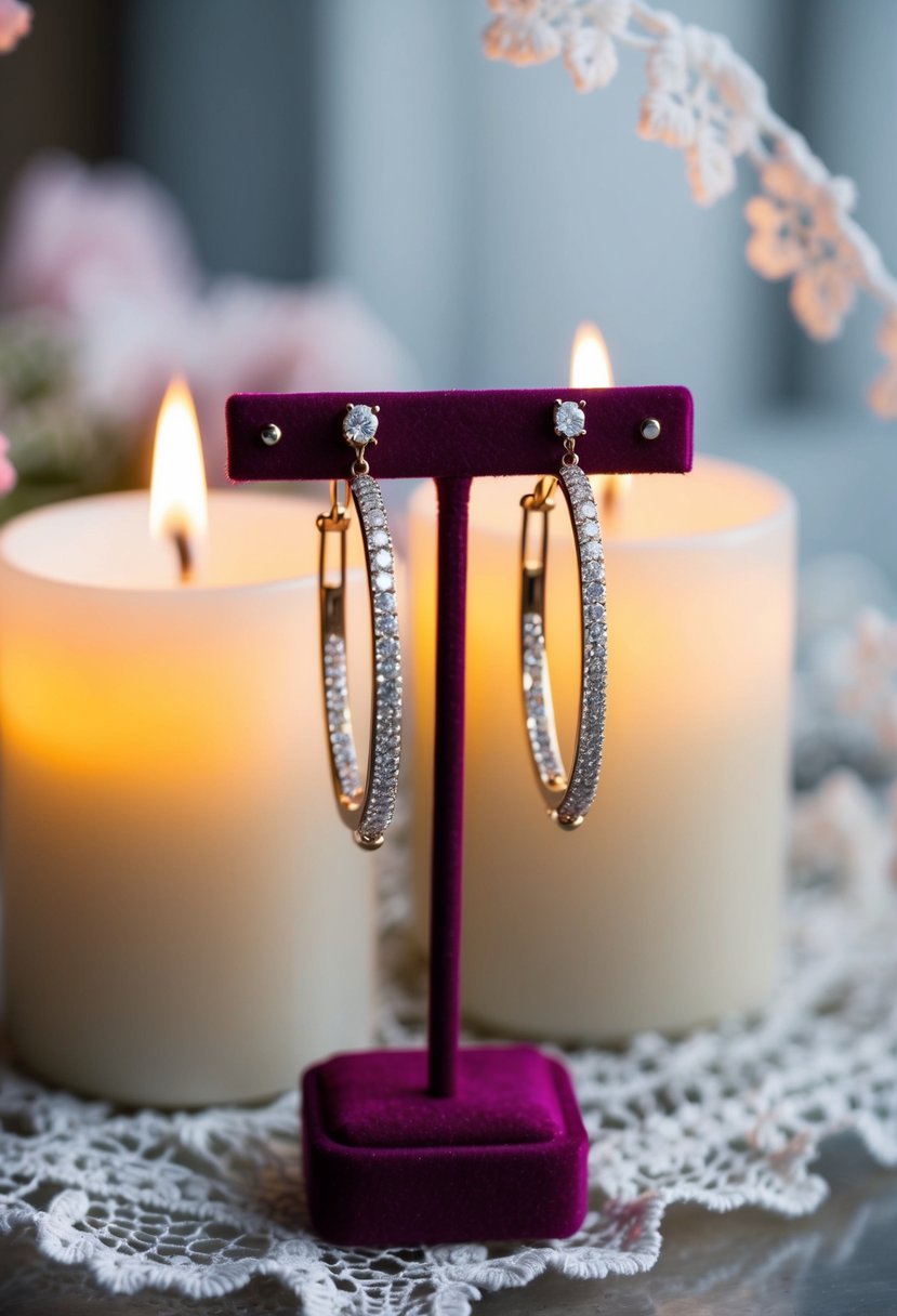 A pair of classic diamond hoops dangle from a velvet earring stand, surrounded by soft candlelight and delicate lace