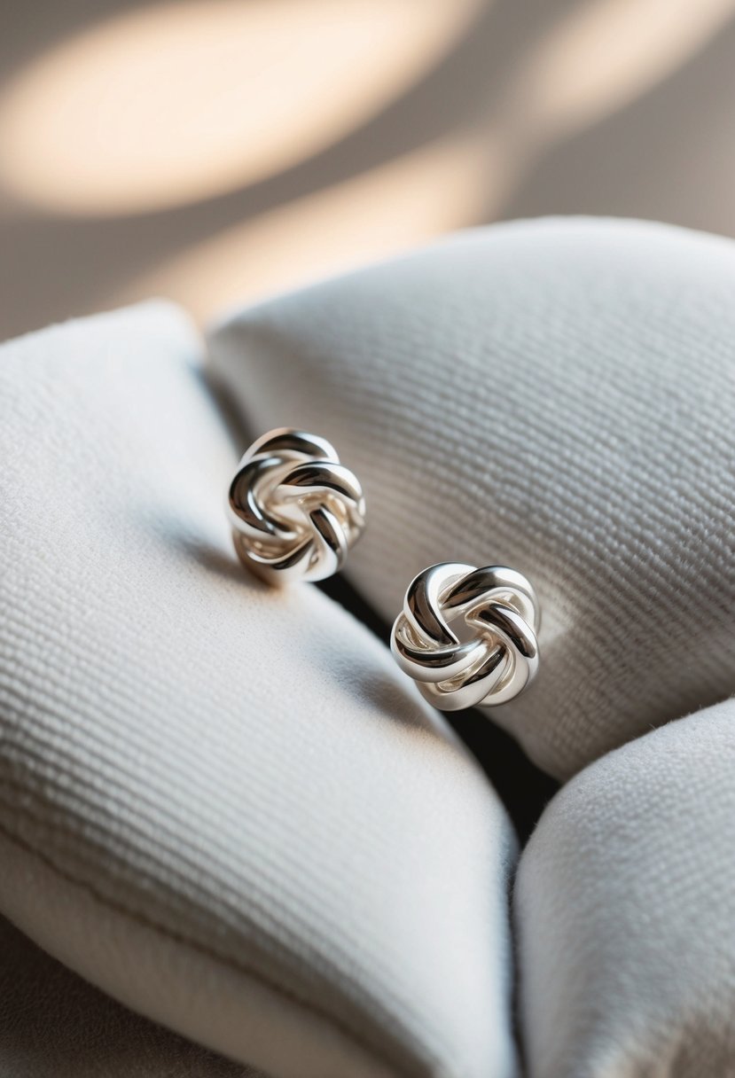 Two delicate silver knot studs arranged on a white velvet cushion, with soft lighting casting subtle shadows