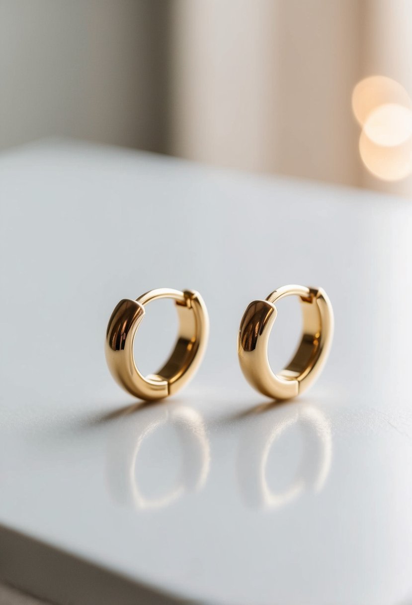 A pair of minimalist gold huggie earrings displayed on a clean, white surface with soft, natural lighting