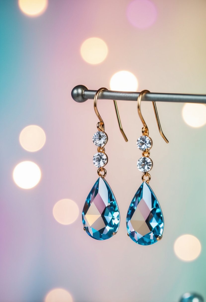 A pair of crystal teardrop danglers hang from a delicate earring stand, catching the light and casting sparkles across a soft, pastel-colored background