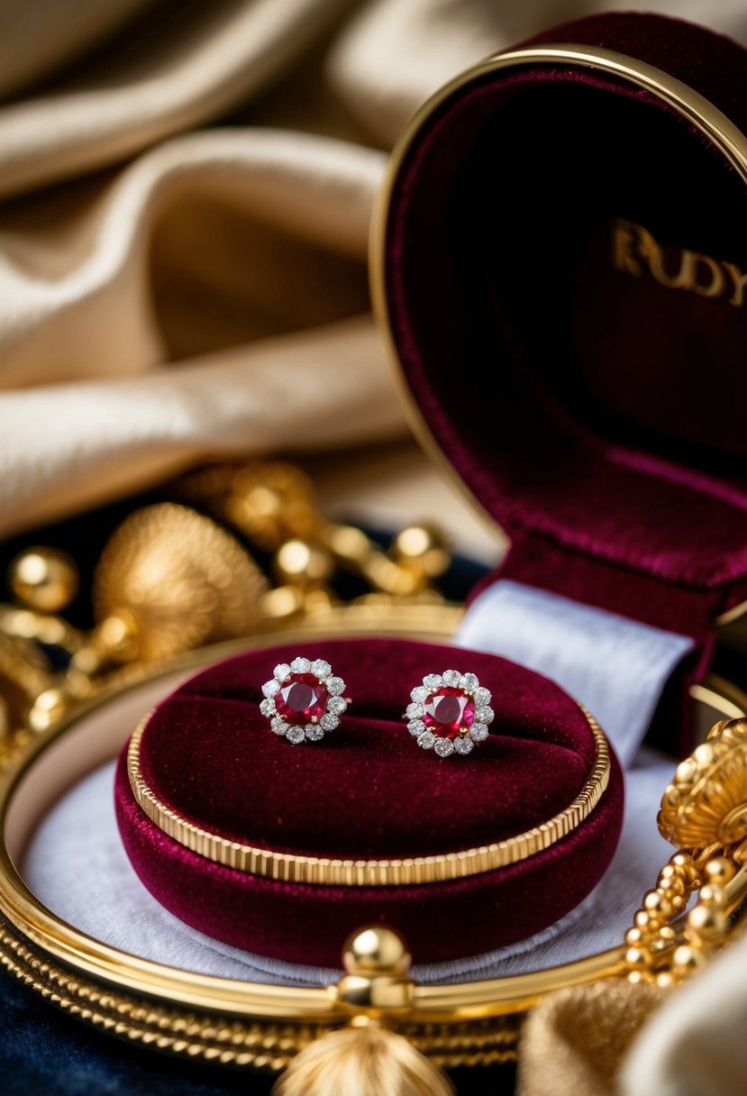 A sparkling pair of ruby stud earrings placed on a velvet cushion, surrounded by golden accents and luxurious fabrics, evoking a sense of regal elegance