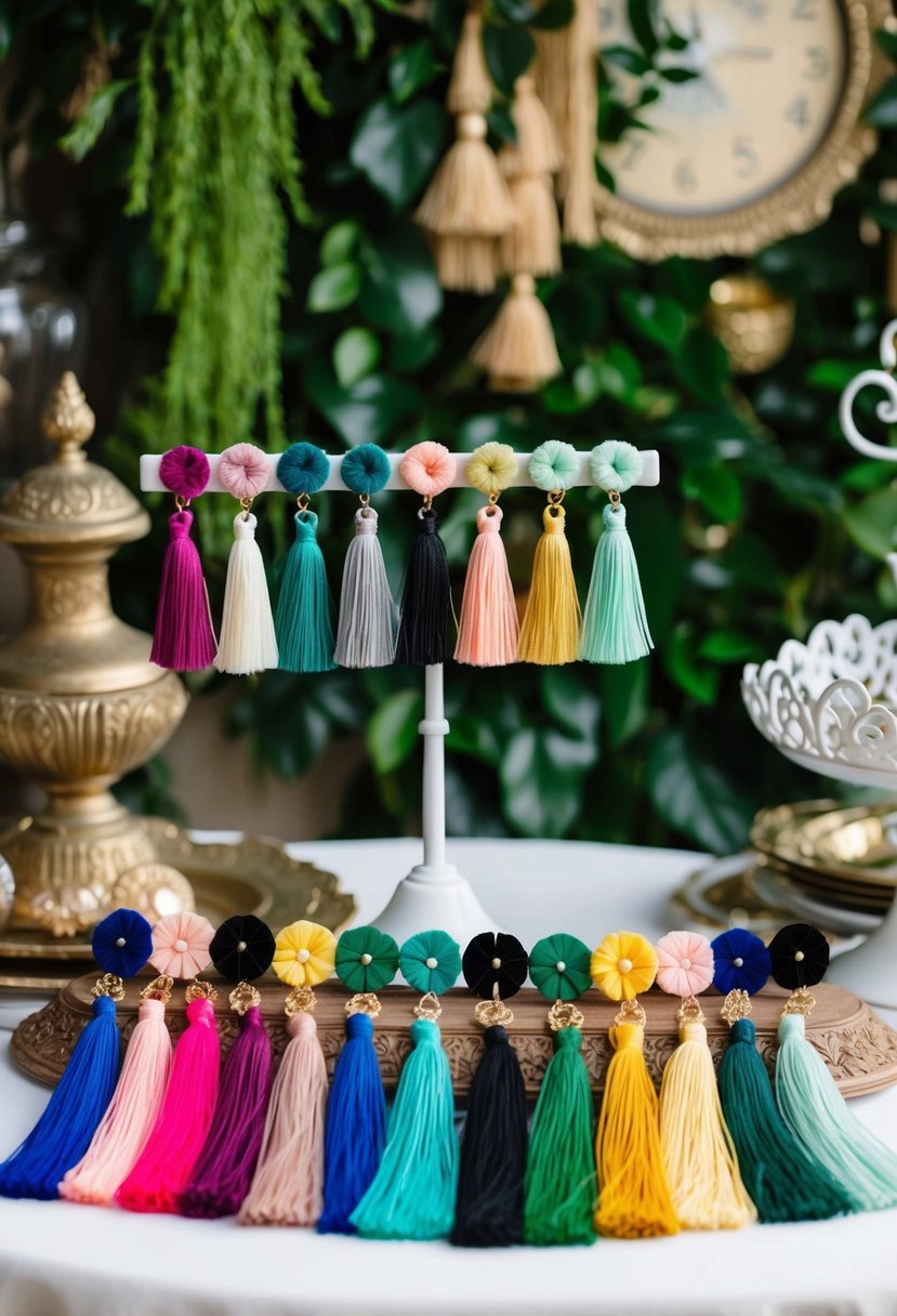 A table adorned with bohemian tassel earrings in a variety of colors and designs, set against a backdrop of lush greenery and vintage decor