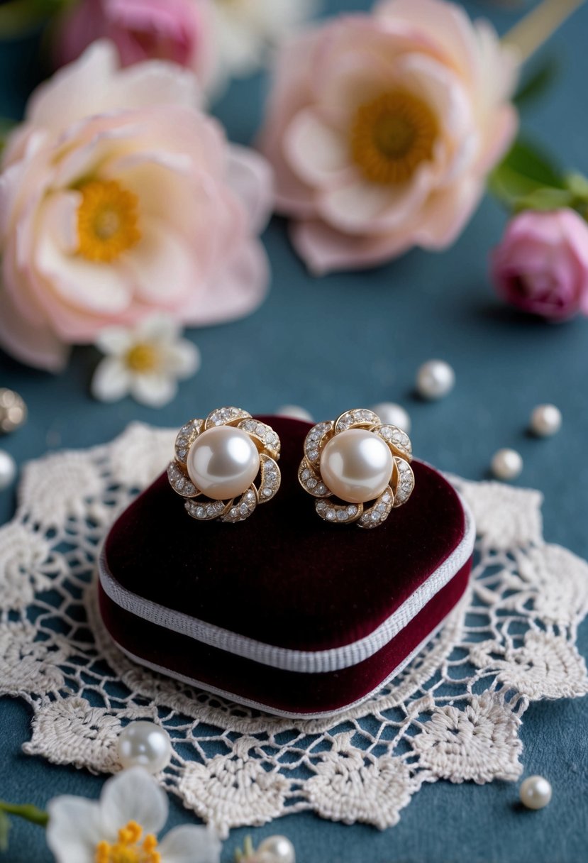 A pair of baroque pearl studs rest on a velvet cushion, surrounded by delicate lace and vintage floral details