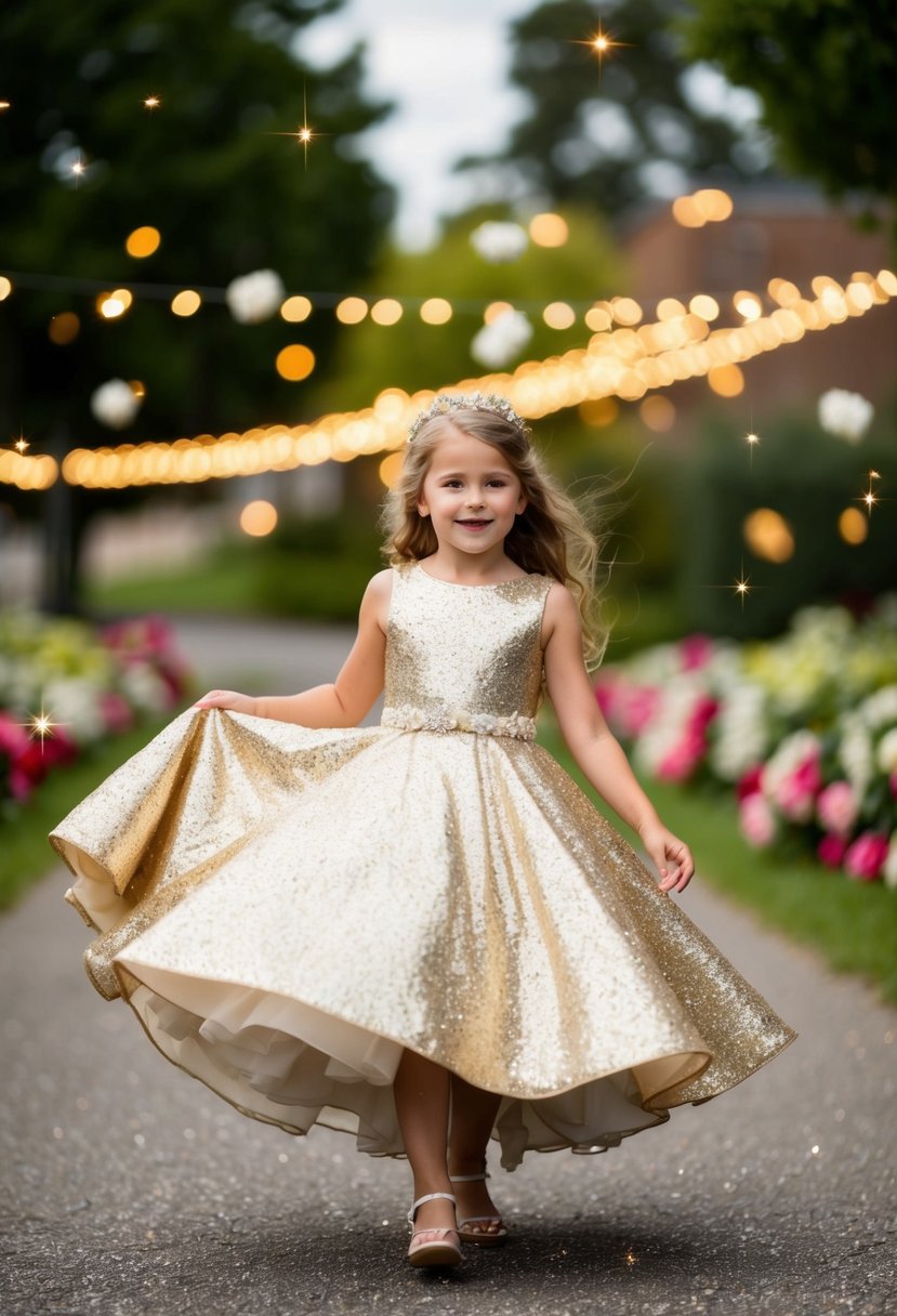 A young girl twirls in a shimmering gold wedding dress, surrounded by sparkles and flowers