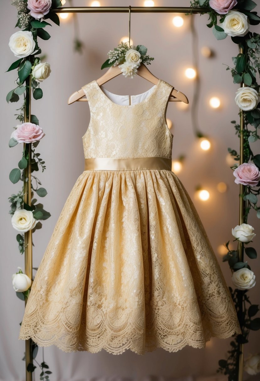 A golden lace A-line flower girl dress displayed on a hanger, surrounded by delicate floral decorations and soft lighting