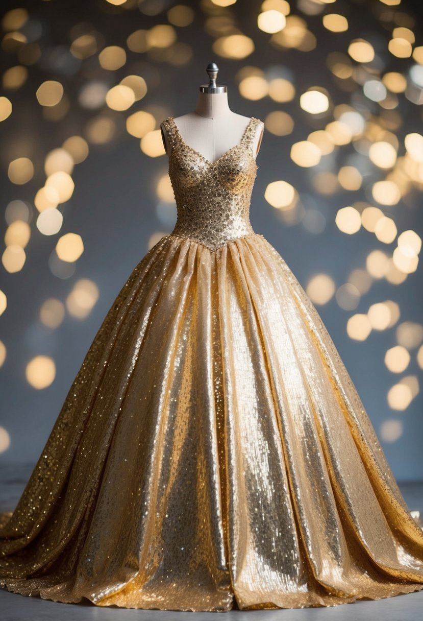 A shimmering gold ball gown adorned with sequins and flowing fabric, fit for a princess