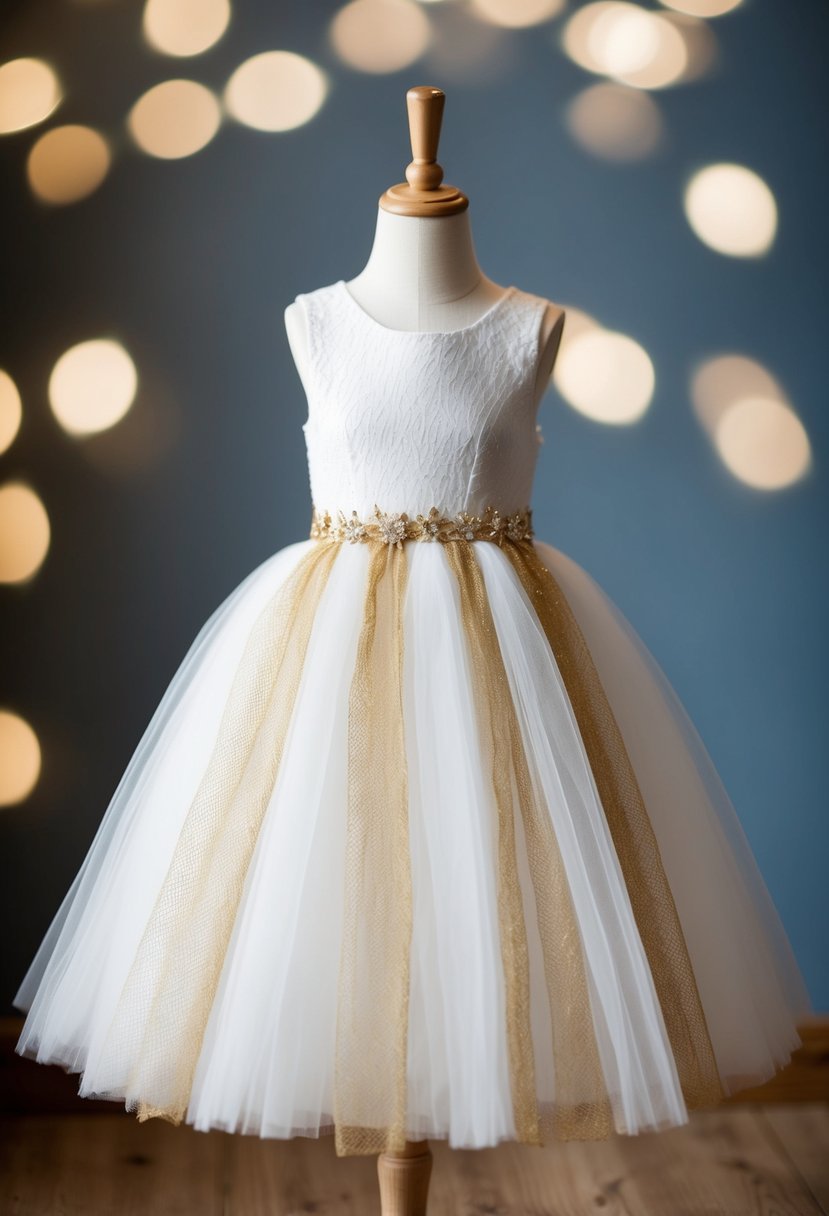 A white and gold tulle dress displayed on a mannequin, with delicate gold detailing and a full skirt, perfect for a kids' wedding attire