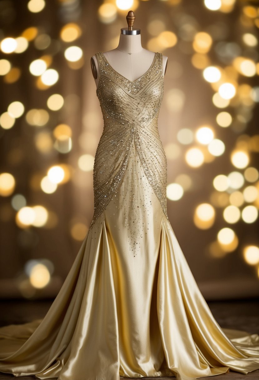 A shimmering gold party dress adorned with intricate beading, flowing gracefully on a mannequin