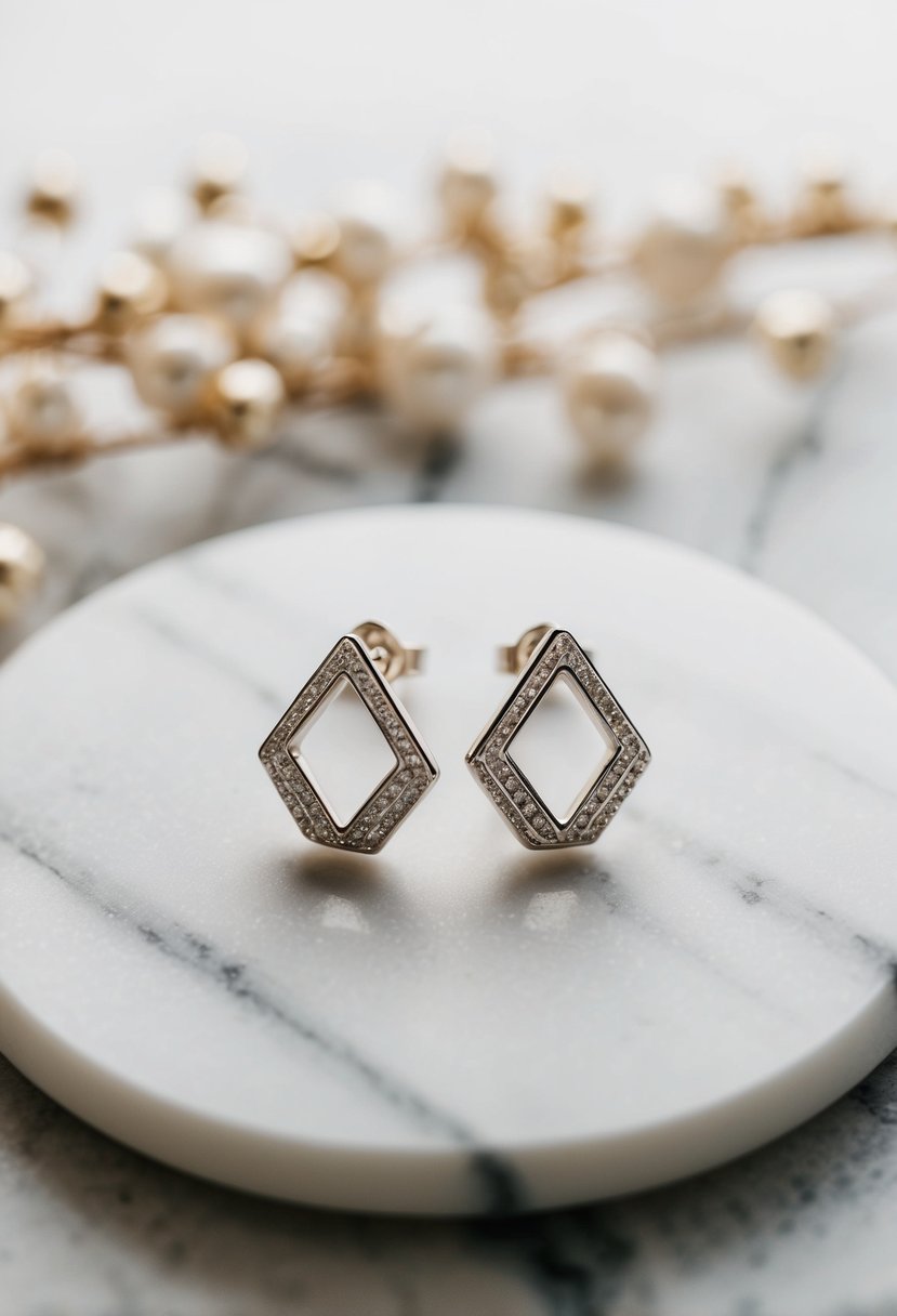 A pair of geometric silver earrings arranged on a marble surface with soft, natural lighting