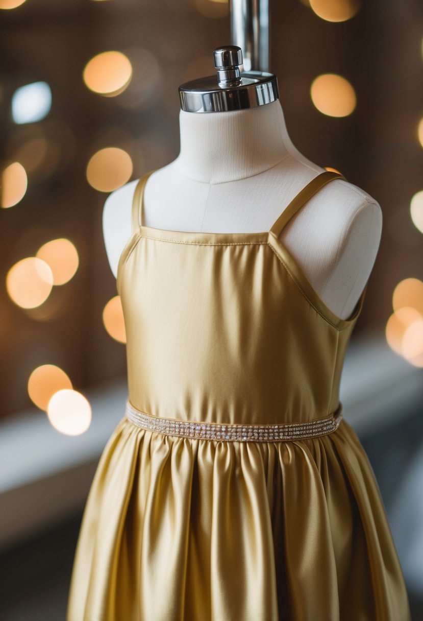 An elegant gold spaghetti strap dress draped over a child-sized mannequin