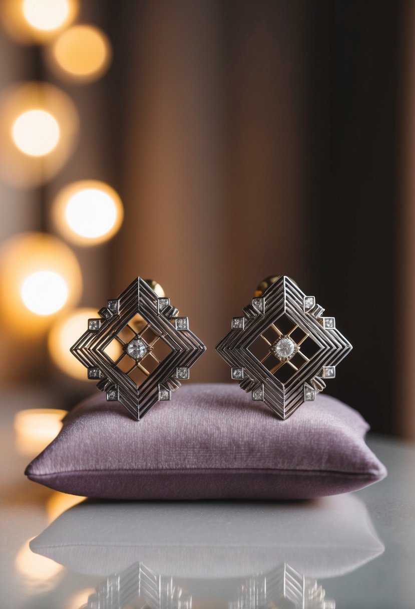 A pair of intricate, geometric Art Deco earrings displayed on a velvet cushion with soft, warm lighting