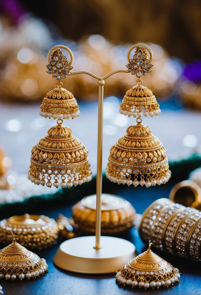 A pair of ornate gold bridal Kemp Jhumkas hanging from a delicate earring stand, surrounded by shimmering Indian wedding accessories