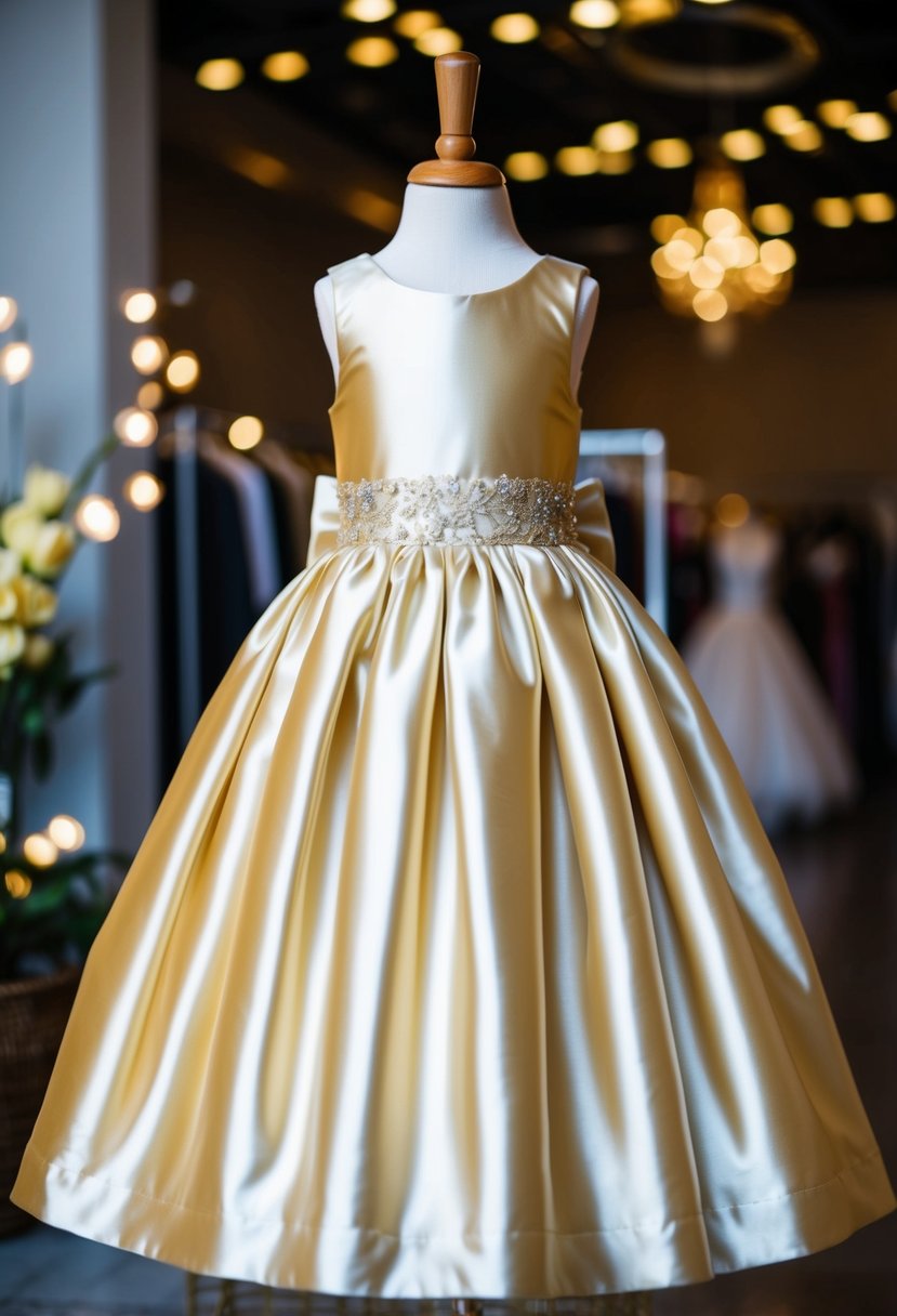 A gold and ivory satin flower girl gown displayed on a mannequin